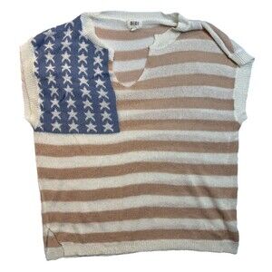 BiBi American Flag V-Neck Sweater Top Womens XL Patriotic USA Boho Oversized